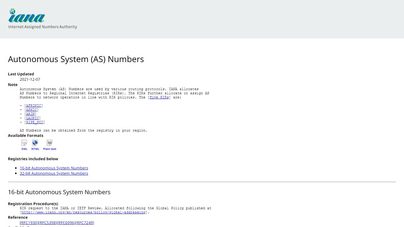 Autonomous System (AS) Numbers - Internet Assigned Numbers Authority